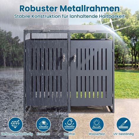 Abri poubelles gris en métal pour 2 bacs avec vérins à gaz et portes verrouillables et toit incliné pour garage jardin et terrasse (1/5)