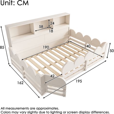 Lit enfant au sol 140x190 cm, lit en bois blanc avec protection antichute et porte, sommier à lattes, lit enfant avec étagère, espace de couchage généreux pour frères et sœurs, espace de sommeil et de (1/5)