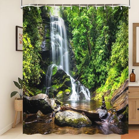Rideau de Douche Nature Printanière Jungle Tropicale Forêt Verte Mousse Pierre Rivière Lavable Décoration Salle de Bain 150x180cm (1/5)