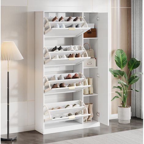 Meuble chaussures avec miroir, 4 compartiments rabattables, étagère réglable, blanc HAVRYA (1/5)