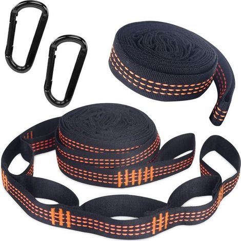 Lot de 2 sangles de suspension pour hamac, avec 2 mousquetons à crochets noirs, 300 kg, kit de suspension pour arbre, sangles orange, accessoires pour le camping, la randonnée en plein air (1/5)