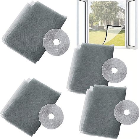 Ensemble de 4 moustiquaires/écrans de fenêtre, 150x180cm, faciles à installer, conviennent au salon et à la chambre, gris (1/5)