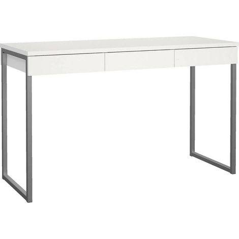 Dmora Bureau linéaire à trois tiroirs, coloris blanc brillant, 125 x 76 x 51 cm, avec emballage renforcé (1/5)