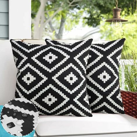 Housse De Coussin Extérieur - Polyester Imperméable UV Résistant - 45 x 45 cm - Noir Et Blanc Boho - Lot De 2 (1/5)