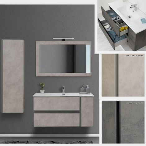 Bagno Italia Mobile bagno moderno sospeso 111×48 cm cassetti anta specchio lavabo base ossido grigio (1/4)
