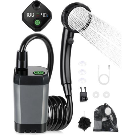 Kit Douche de Camping, Douche Portable,Pompe de Douche Électrique Rechargeable,Imperméable, avec Afficheur Intelligent et Pomme de Douche 4 Modes pour Extérieure,Camping,Randonnée -Blanc (1/5)