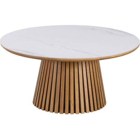 Deco In Paris – Table basse ronde en bois clair – Plateau en céramique blanche – Pied en MDF finition hêtre – Style moderne et scandinave (1/2)