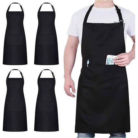 4 tabliers de chef noirs, imperméables et réglables, avec 2 poches, unisexes, pour cuisine professionnelle et loisirs créatifs (1/5)