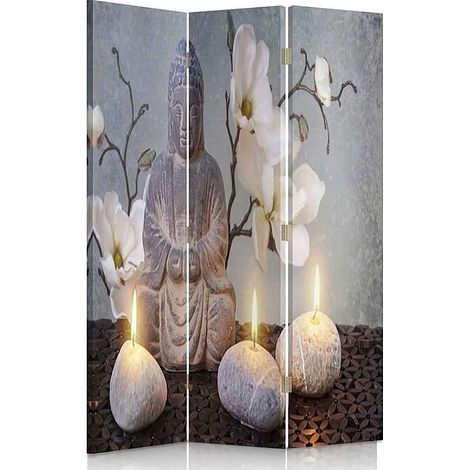 Paravent Bouddha Zen 3 Panneaux - Décoratif et Élégant - 110 x 180 cm - 1 face déco, 1 face noir