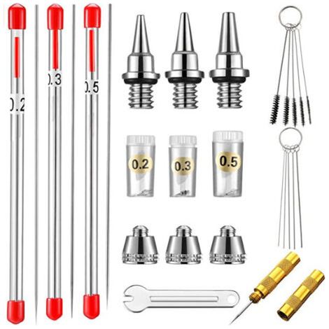 Bouchon de buse, aiguille et buse pour aérographe, 0,2 mm, 0,3 mm, 0,5 mm, Pièces de rechange pour aérographe,avec kit de nettoyage (1/5)