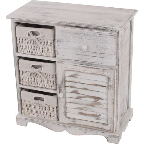Commode / table d'appoint / armoire, 3 paniers, 1 tiroir, 60x30x63cm, shabby, vintage, blanc (1/5)