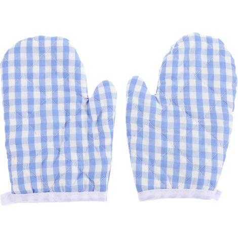 2PCS Kids Oven Mitts résistant à la chaleur, gants de four à micro-ondes anti-baldal (à carreaux bleu clair) (1/5)