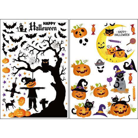 Autocollants Fenêtre Gel - Décorations Halloween Araignée Sorcière Citrouille Chauve-Souris Fantôme - Pour Vitres Portes Miroirs Surfaces Lisses - Réutilisables - Lot de 12 (1/5)