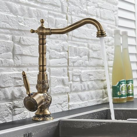 Rétro Sculpté Robinet D'évier de Cuisine,Cuisine Familiale Moderne et Salle de Bains, Robinet Mitigeur Cuivre Antique de à Levier Lavabo Robinets de Lavabo Avec Bec Pivotant (1/4)