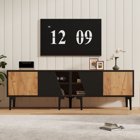 Meuble TV 160x36,5x45 cm en panneau de particules naturel, 4 rangements, pour salon – MEUBLIV (1/5)