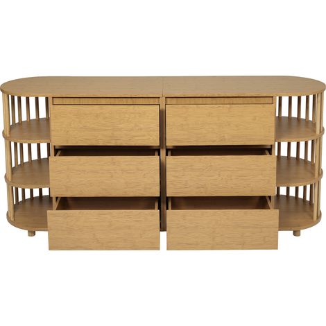 Buffet commode 160 cm en chêne, design romain avec colonnes et étagères en bambou, 6 tiroirs et étagères ouvertes, pieds réglables en hauteur, H75/B160/T40 cm