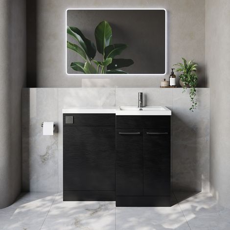 Napoli 390 Nero Oak 1000mm 2 Door Vanity Unit Toilet Suite with Right Hand Square Lucia Basin - 1000mm - Gunmetal Grey 160mm HandleWithout Kingston Toilet Pan