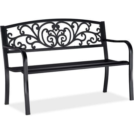 relaxdays Panca da Giardino, a 2 Posti, con Decorazioni Vintage, per Balcone, HxLxP 86,5 x 127 x 60 cm, Nero (1/5)