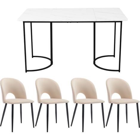 Set tavolo da pranzo moderno 140x80 cm con 4 sedie in velluto beige e piano effetto marmo (1/5)