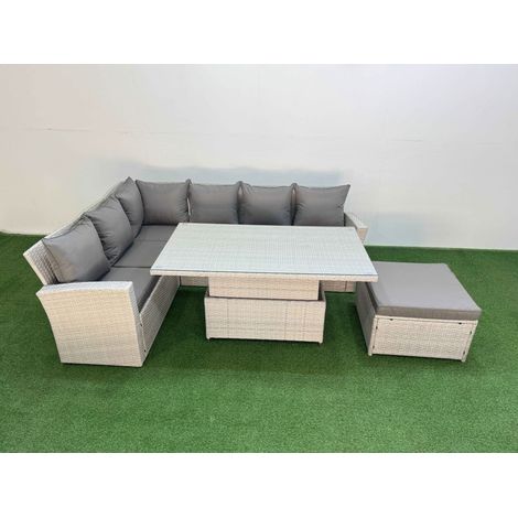Fimous 7 Seat Rattan Outdoor Garden Furniture Corner Sofa Set Adjustable Lifting Dining or Coffee Table Set with Armchair Big Footstool Light Grey (1/5)