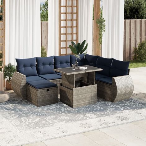 Salon de jardin 8 pièces en résine tressée gris avec coussins bleu marine et table réglable, 70.9kg - PANGIVO (1/5)