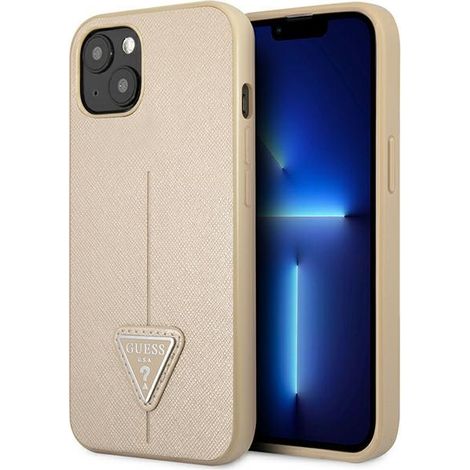 Guess GUHCP14MPSATLE Custodia rigida beige per iPhone 14 Plus / 15 Plus 6.7 con logo SaffianoTriangle (1/5)