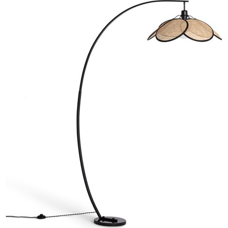 – Lampadaire arc en rotin naturel – Structure métallique noire – Abat-jour en rotin circulaire – Compatible ampoule E27 pour ambiance personnalisée (1/5)