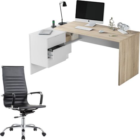 Escritorio blanco mate y roble canadiense con silla de oficina negra
