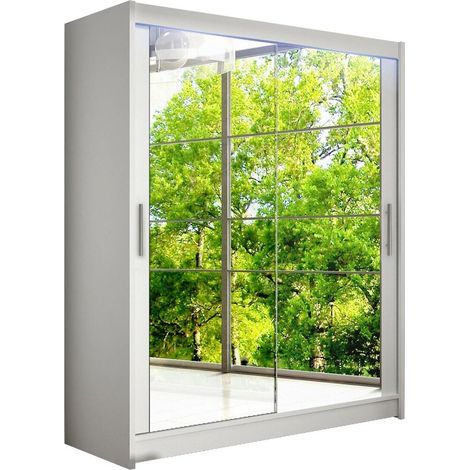 Armoire Closico 127, Blanc, 200x150x58cm, Portes d'armoire: Coulissantes, Nombre d'étagères: 5, LED