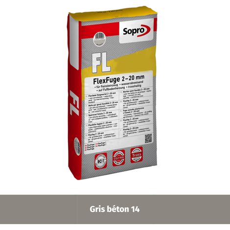 Joint souple carrelage céramique et pierre 2 à 20 mm - Gris béton 14 - Grain fin - Sopro FL 529 - 25 kg