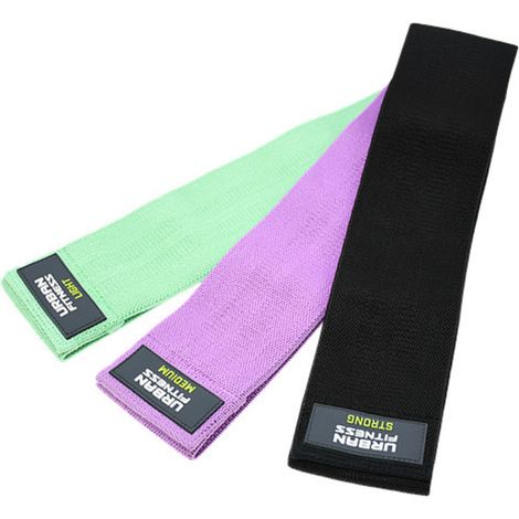 Ensemble de 3 bandes élastiques de résistance en tissu pour la salle de sport - violette, noire et verte. (1/5)