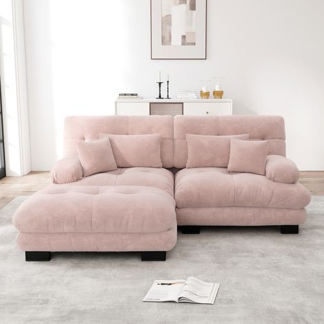 Canapé d'angle - - Chenille rose - 220x145x81 cm - 5 places - Vintage (1/5)