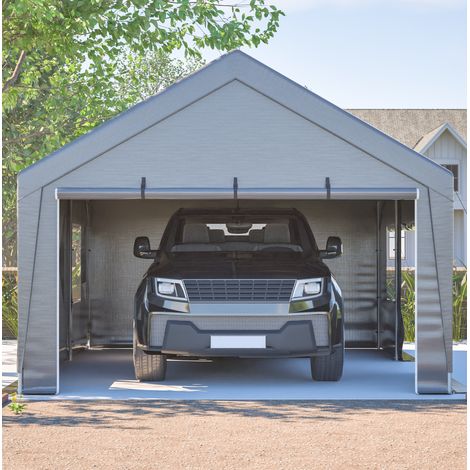 Tenda garage, protezione per veicoli e stoccaggio, porte avvolgibili e zanzariere, struttura in metallo, grigio (1/5)