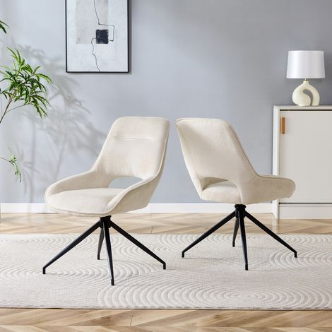 [2 pièces] Chaise salle à manger pivotante 360° en tissu blanc respirant, structure métal noir laqué, design moderne et élégant (1/4)