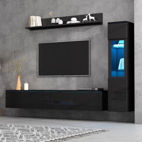 Set di 3 mobili a parete per TV con illuminazione a LED, set di mobili per soggiorno nero lucido, modulo frontale a parete nero: 1 mobile TV, 1 vetrina per soggiorno, 1 mensola a muro, adatto per TV f (1/5)