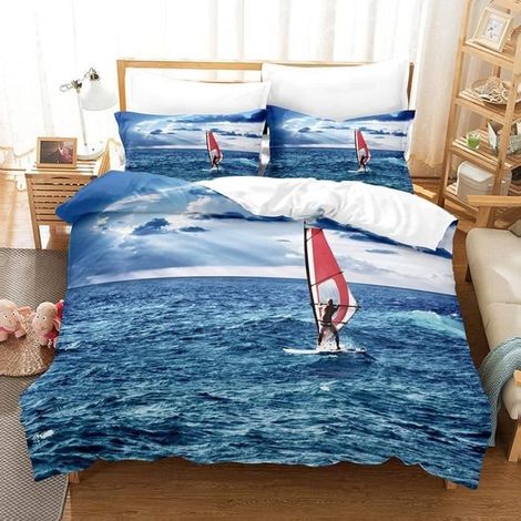 Parure de lit 3 pièces Surf au Bord de la mer - Impression 3D - Bleu - 220x240cm (1/4)