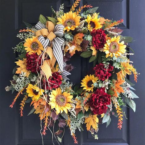 Guirlande Porte - Feuille D'érable Et Tournesol En Plastique - Décoration Intérieure Et Extérieure - 45 X 45 Cm - 1 Pièce (1/5)
