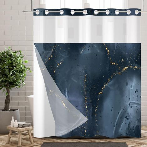 Rideau de Douche Effet marbre, sans Crochets, Motif Abstrait Bleu Marine, Double Couche, avec Doublure à Boutons-Pression et Maille Transparente sur Le Dessus 180x180cm (1/5)