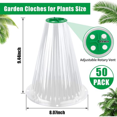 Lot de 50 clochettes de jardin réutilisables, avec couvercle rotatif et aéré pour protéger les plantes des animaux, escargots, oiseaux, poules et insectes. Hauteur : 24 cm, diamètre : 20,5 cm (transpa (1/3)