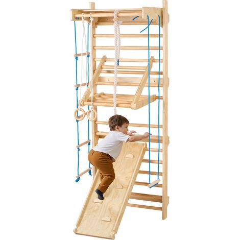 Espalier en Bois Massif, Échelle Suédoise Murale 15 Niveaux, Charge 99,8 kg, avec Toboggan, Barre de Traction, Anneaux de Gymnastique, Siège Balançoire et Échelle Latérale et Corde, Aire de Jeux (1/5)