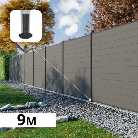 Kit Clôture Composite RIO Platines 9x1,8m - Bois composite & Aluminium - Poteaux sur Platines Gris - Brise vue