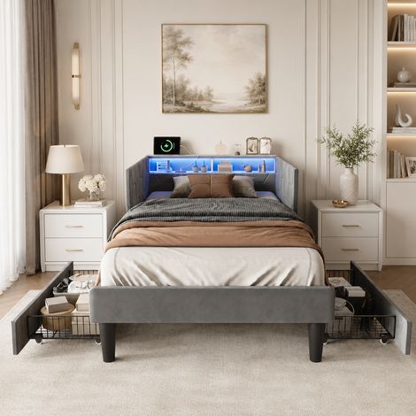Lit coffre 90x200cm avec lumières LED, lit capitonné avec port USB, lit simple, barrières de sécurité réglables, 2 tiroirs de rangement, sommier à lattes, lit adulte, lit ado, Velours,Gris (1/5)