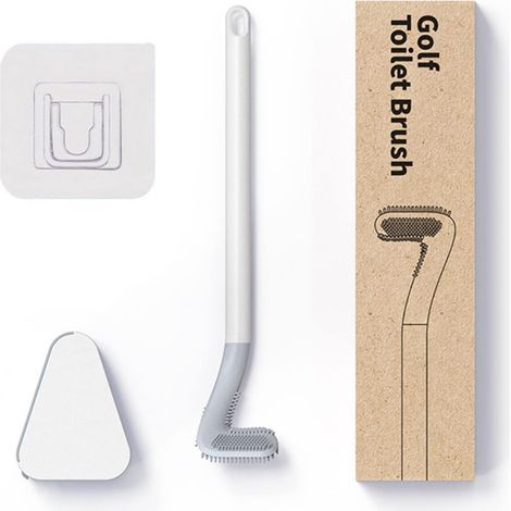 Brosse de Toilette de Golf, Brosse WC en Silicone, Manche Long Ensemble Toilette en Silicone avec Base à Ouverture Automatique et Anti-Fuite (Blanc avec Base)