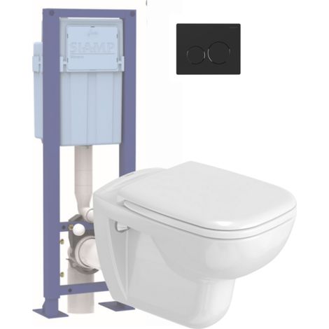 Pack cuvette WC suspendu DURAVIT D-CODE + abattant frein de chute + bâti-support SIAMP + plaque noire