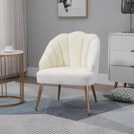 Fauteuil capitonné en velours, dossier coquillage et pieds en acier, idéal pour la chambre et le salon. 63 x 65 x 84 cm. Couleur crème.