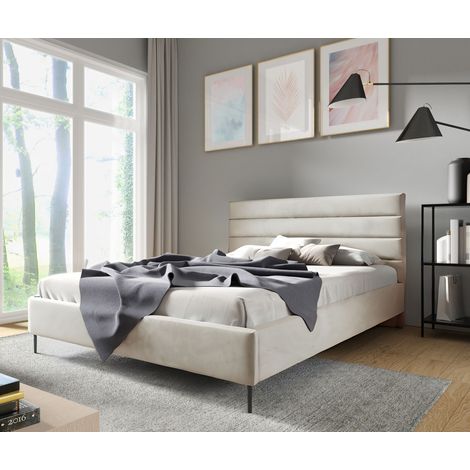 Sofello Polsterbett nach Maß  Beige aus Velour 160 x 200 cm Schwarze Metallfüße Bett aus Samt - Doppelbett mit schöner Steppung und besonderem Design (1/5)