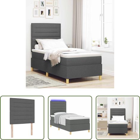 Lits LED - Lit à ressort LED avec matelas Gris foncé 90 x 200 cm tissu (1/5)