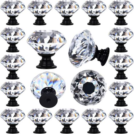 Schubladengriffe aus klarem Kristallglas, Rautenform, dekorative Knöpfe und Griffe für Küchenkommoden, 30 mm (1-1/4 Zoll), schwarze Basis, 12er-Pack