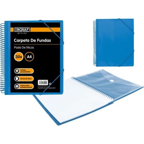 Ingraf cartella 30 buste a4 + busta con chiusura - spirale plastica indeformabile - apertura 360 gradi - copertina personalizzabile - colore blu
