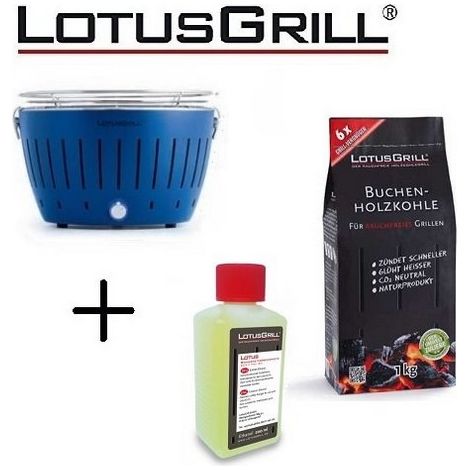 Barbecue Blu con Batterie e Cavo di Alimentazione USB + 1Kg di Carbonella di Faggio + Gel Combustibile Inodore per Barbecue 200ml -Lotus Grill (1/3)